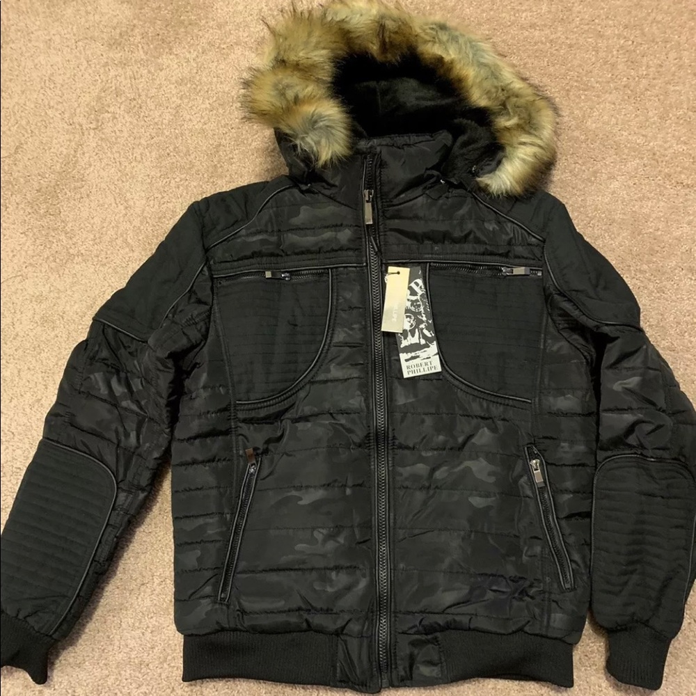 Quilted jacket w faux fur hood by Robert Phillipe